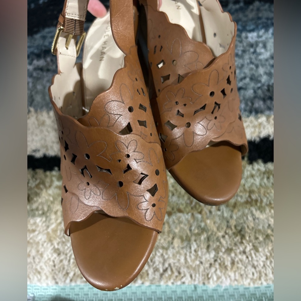 Cole Haan Indra High Floral Laser Cut Sandals in brown leather - Picture 2 of 6